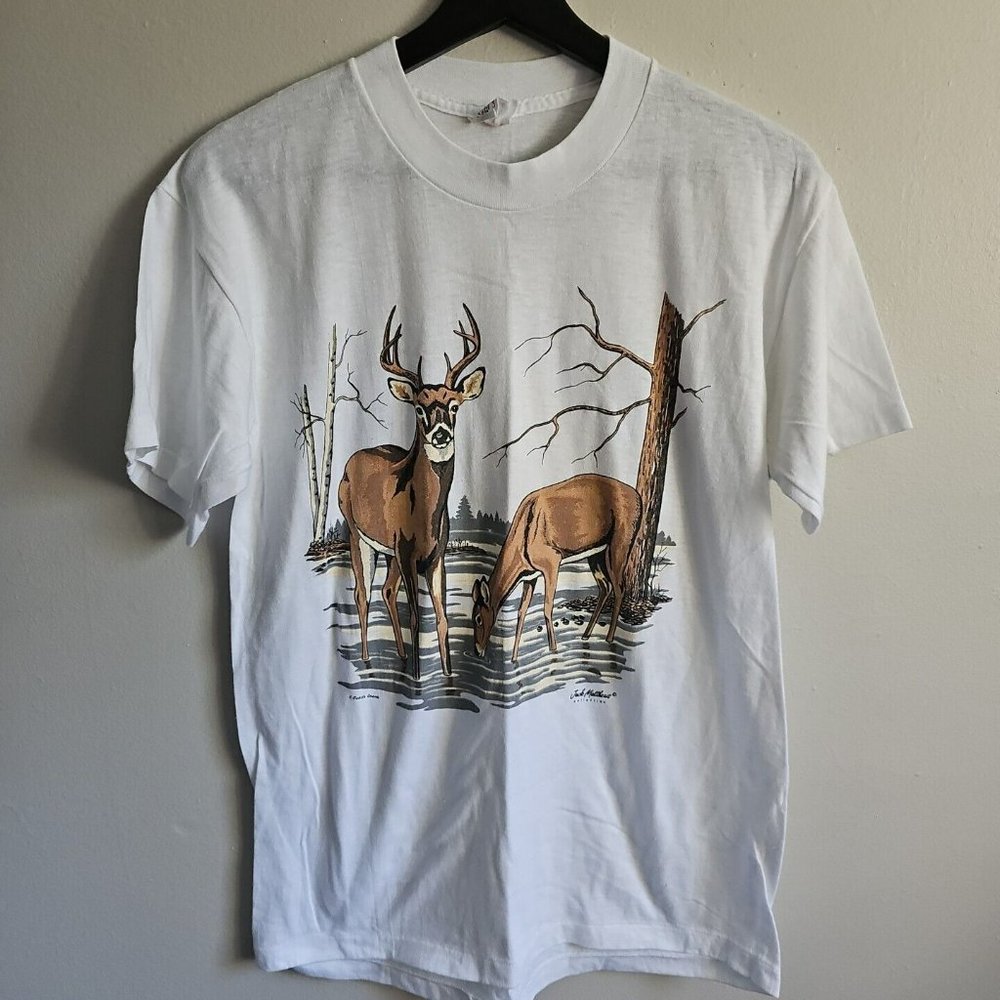 VTG Jack Matthews Collection Single Stitch Deer & Doe Large White Short Sleeve
